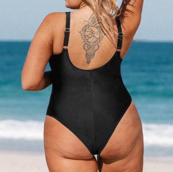 Women's Black One Piece Swimsuit Sheer Mesh Tummy Control Swimsuit - Picture 3 of 11